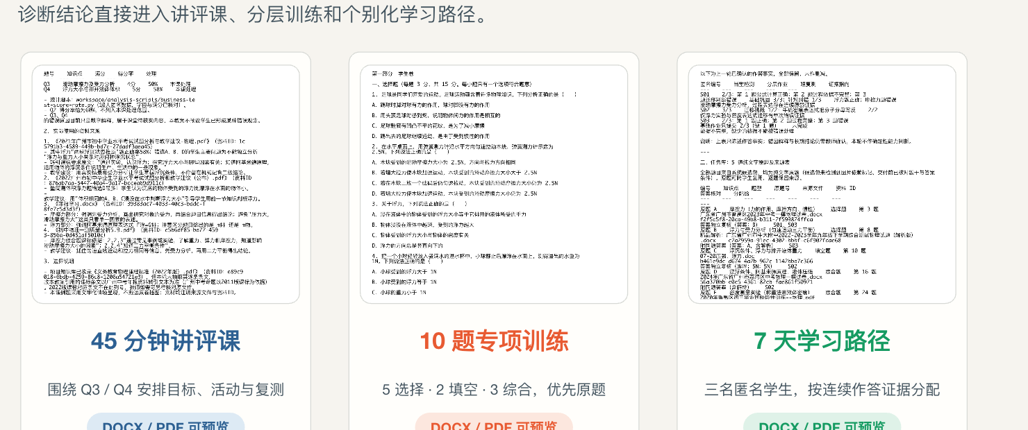 已有教育项目生成的讲评课、专项训练和学习路径文档预览
